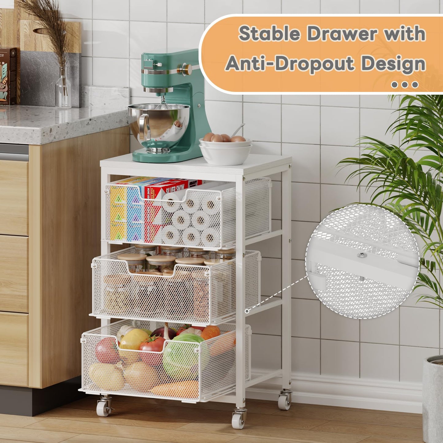 Kitchen Cart with Storage, 3-Tier Pantry Organizer and Storage Cart with Drawer, Fruit Vegetable