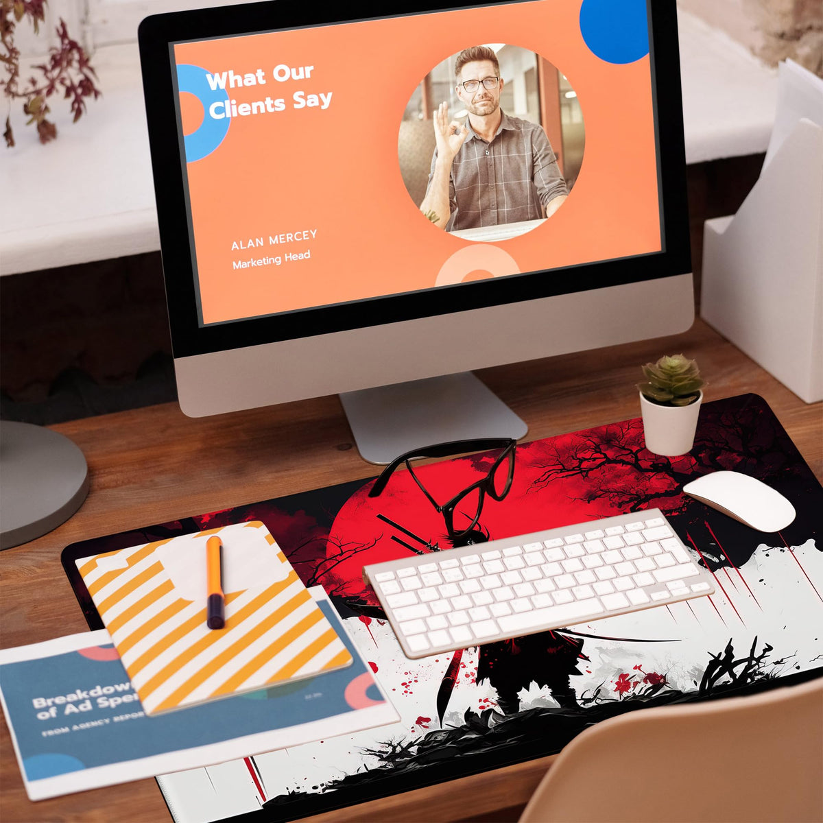 KOAIWPAE Large Gaming Mouse Pad, Cool Japanese Samurai Desk Mat, Red and White Samurai Desk Pad