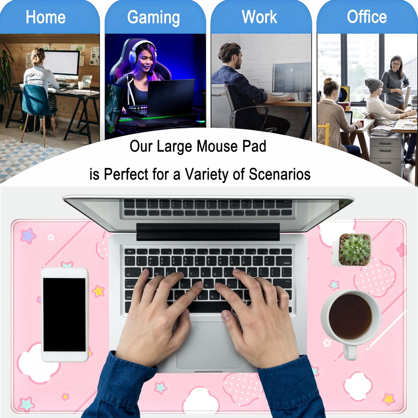 Pink Mouse Pad Large Desk Mat Gaming, Kawaii Desk Pads Stars Mouse Mat XXL Cute Keyboard Pad