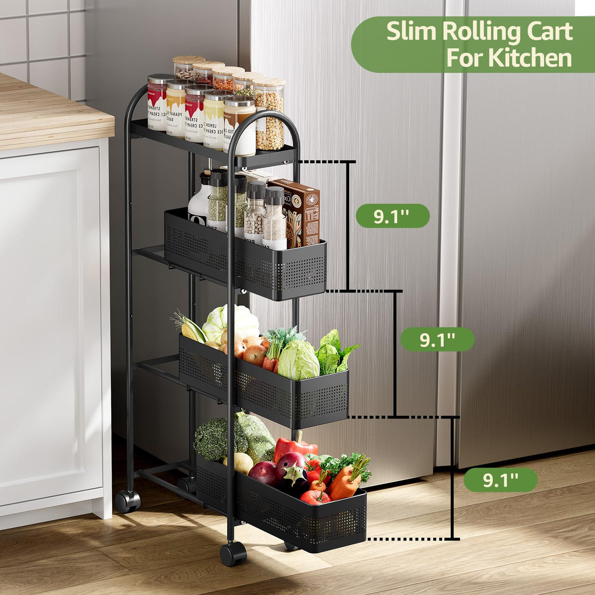 KINGRACK 4 Tier Slim Rolling Cart with Drawer, Metal Utility Storage Cart