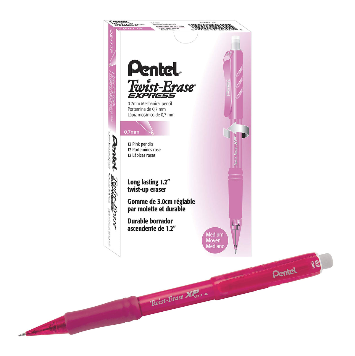 Pentel Twist-Erase EXPRESS Mechanical Pencil 0.7mm, Pink Barrel, Box of 12 (QE417P)
