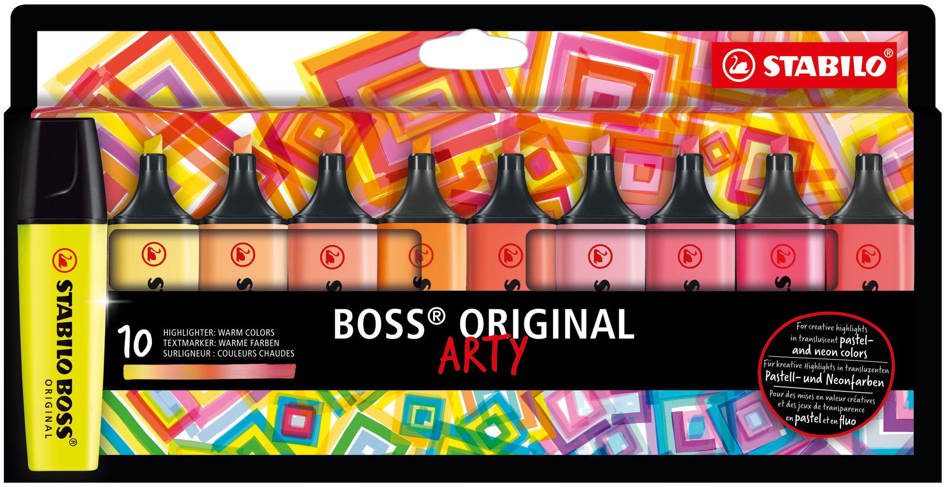 STABILO Highlighter BOSS ORIGINAL - ARTY - Pack of 10 - Warm Colors, Chisel Tip, Anti-Dry Out