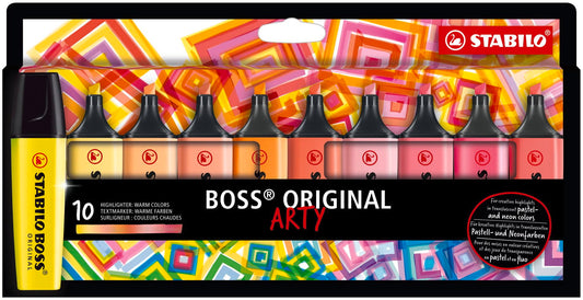 STABILO Highlighter BOSS ORIGINAL - ARTY - Pack of 10 - Warm Colors, Chisel Tip, Anti-Dry Out