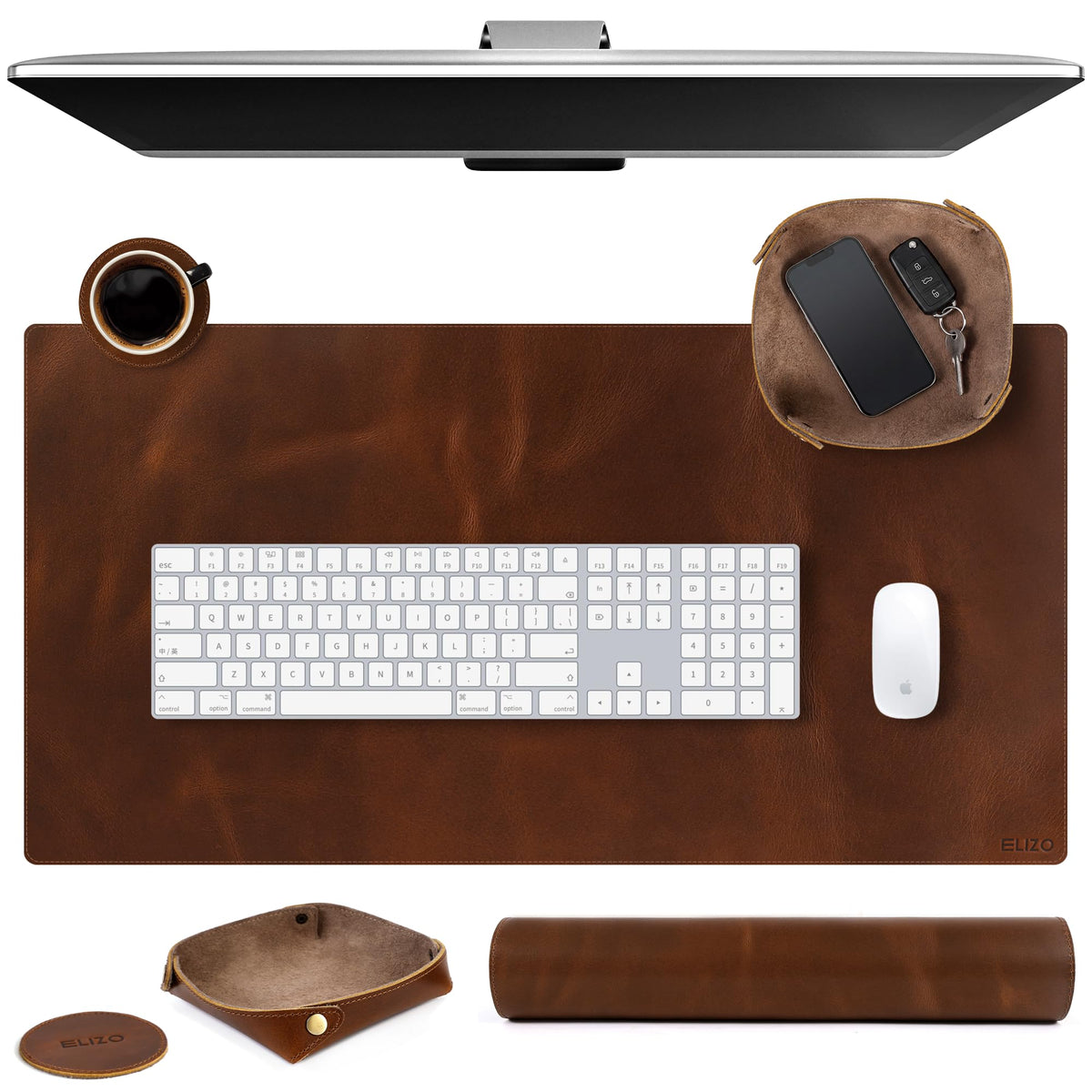 ELIZO Leather Desk Pad Set Real Leather Desk Mat Thick (3mm) Double Layer (32x16) Cover Blotter