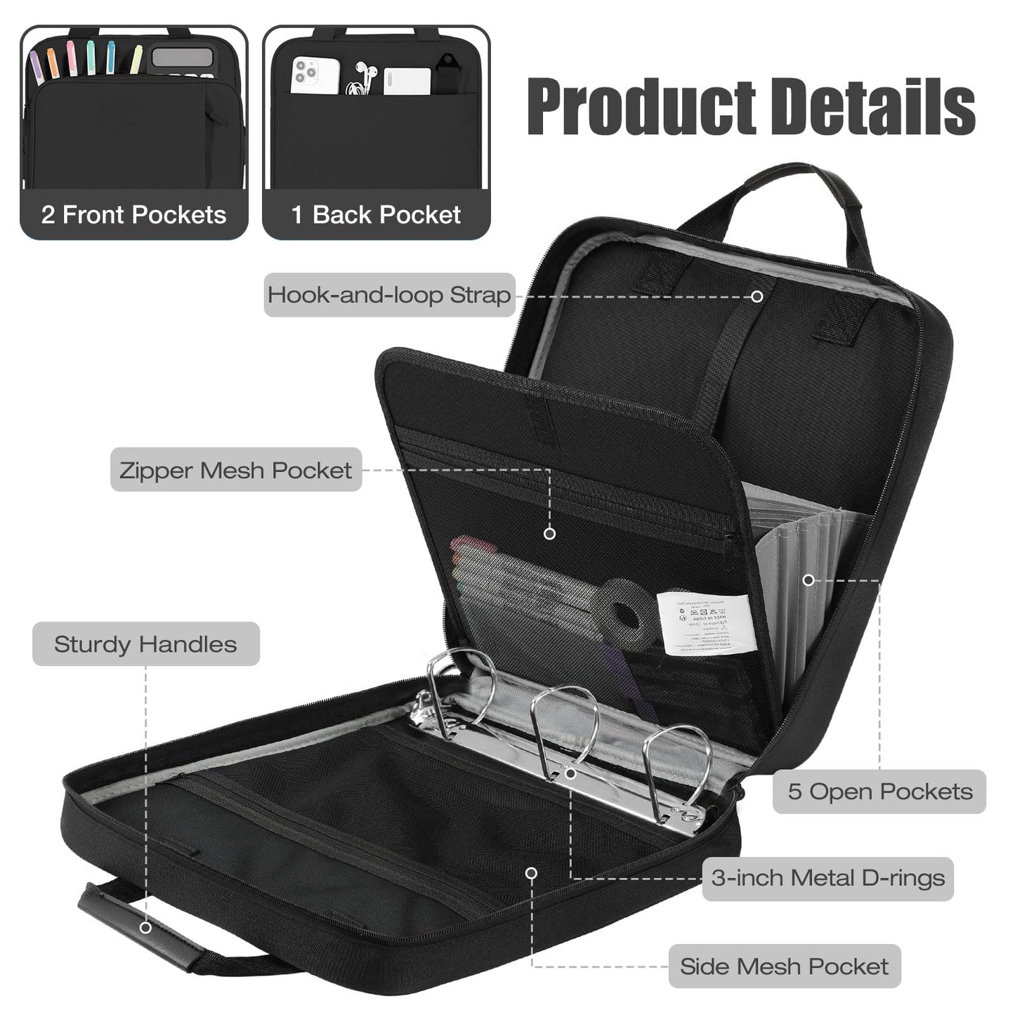 MoKo Zipper Binder, 3 Inch 3 D Ring, 5 Tab File Folders, 700 Sheets, Black