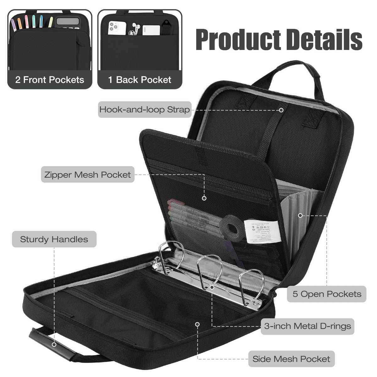 MoKo Zipper Binder, 3 Inch 3 D Ring, 5 Tab File Folders, 700 Sheets, Black