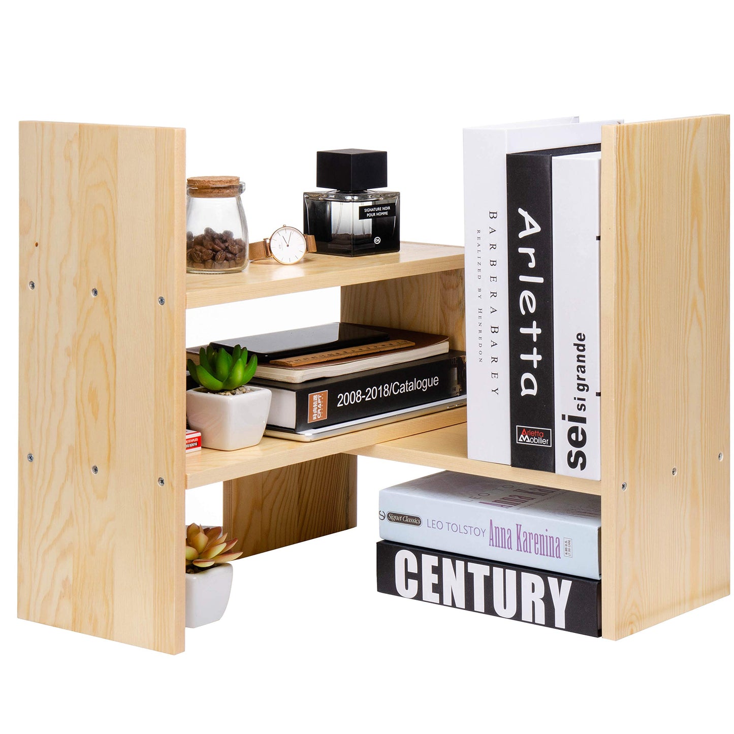 VERGOODR Desktop Organizer Office Storage Rack Adjustable Natural Wood Display Book Shelf Stand