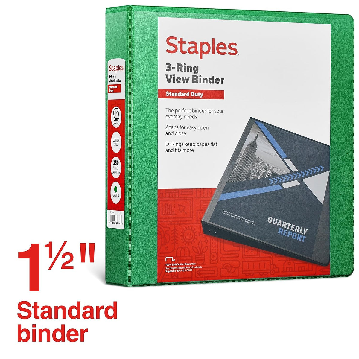 Staples Standard View Binder, 1.5-Inch Round Ring, Green, 300 Sheets