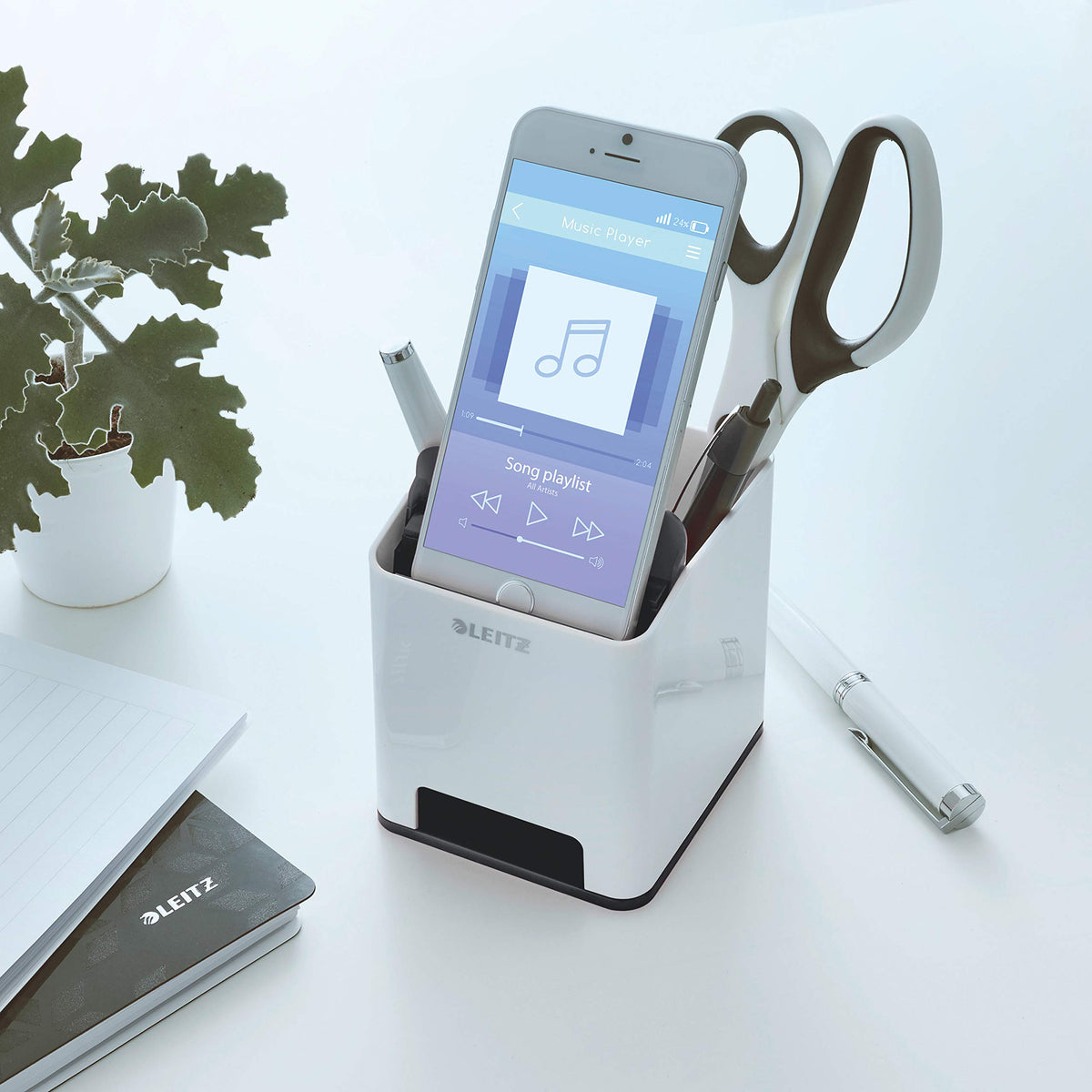 Leitz Pen Holder, Sound Amplification Function, WOW Range, 53631095, White/Black