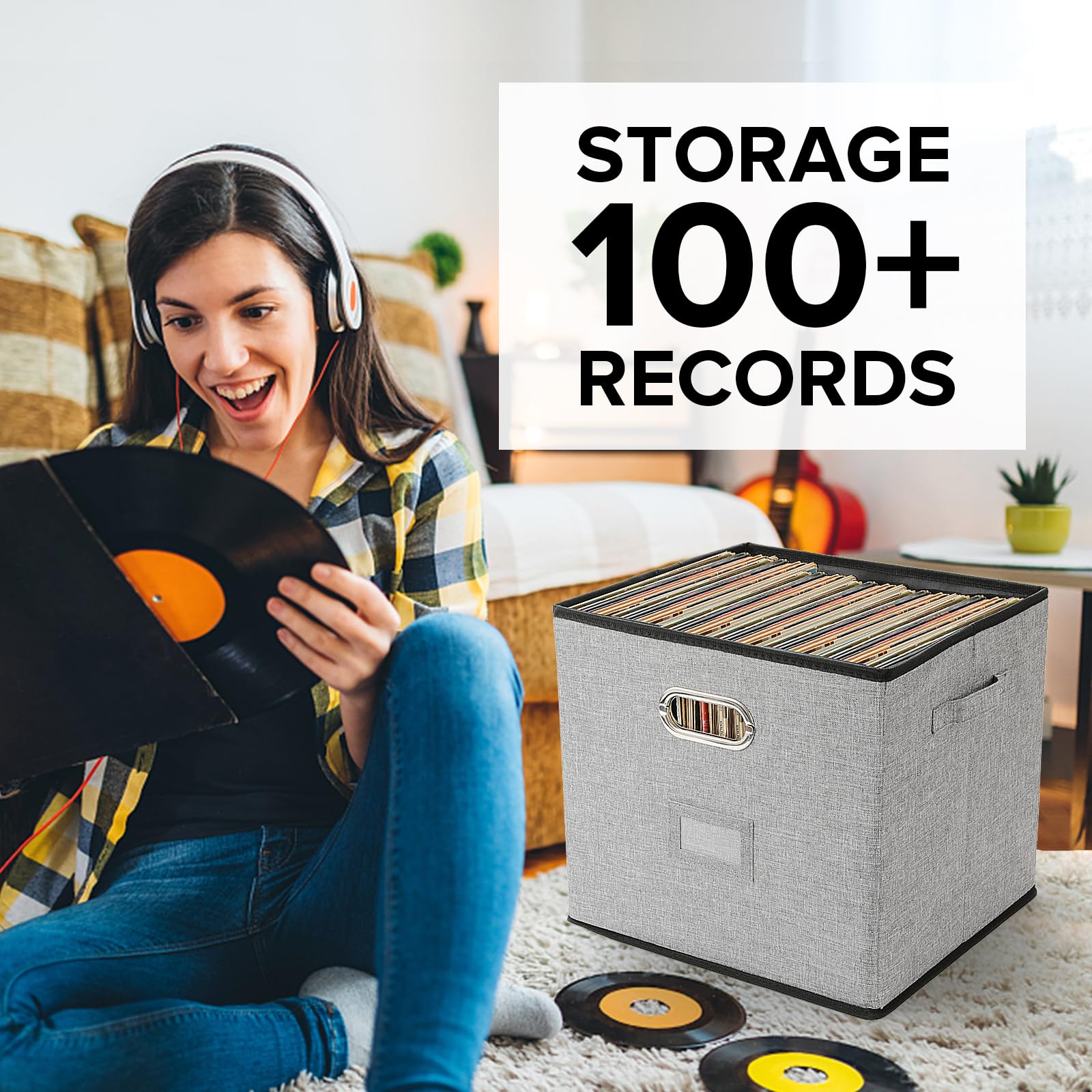 TARSUKA Vinyl Record Storage Box Hold 100+ 12" Albums Stackable LP Storage Bin with Lid Record