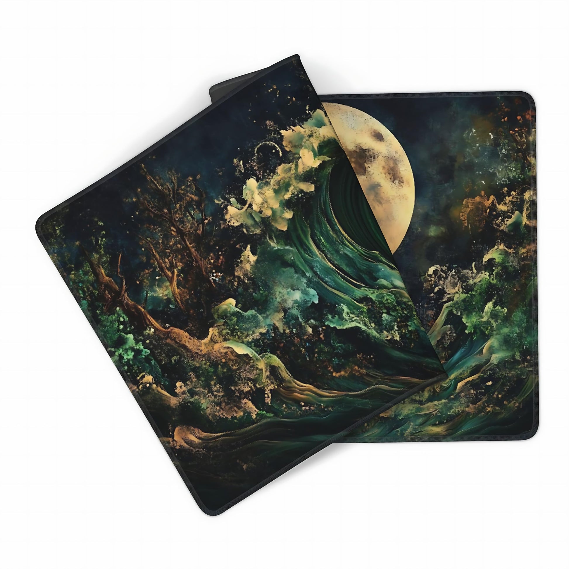 Aesthetic Kanagawa Great Wave Gaming Mouse Pad, Deep Forest Green Japanese Desk Mat with Anti-Slip