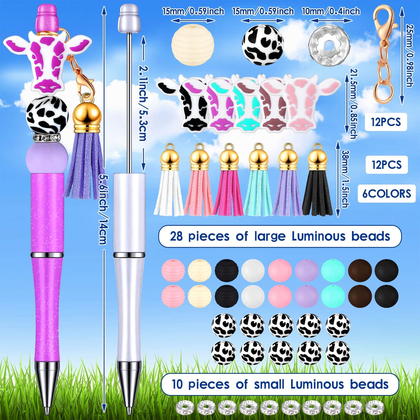Tinlade 12 Beadable Pens Bulk with 50 Beads Multicolor DIY, Cow Style