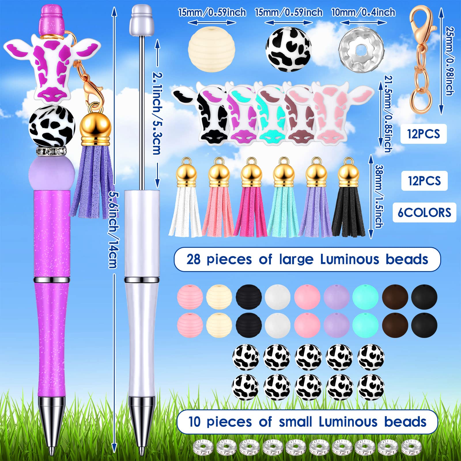 Tinlade 12 Beadable Pens Bulk with 50 Beads Multicolor DIY, Cow Style