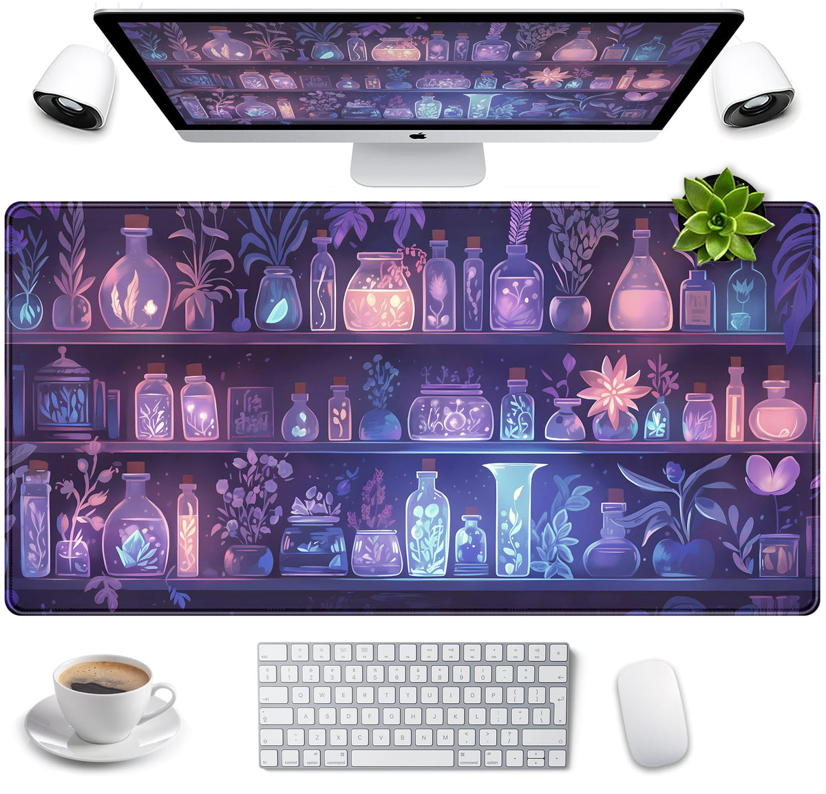 Cute Cozy Purple Gaming Desk Mat, Mystical Potion Bottles Mouse Pad XXL Large Extended Aesthetic