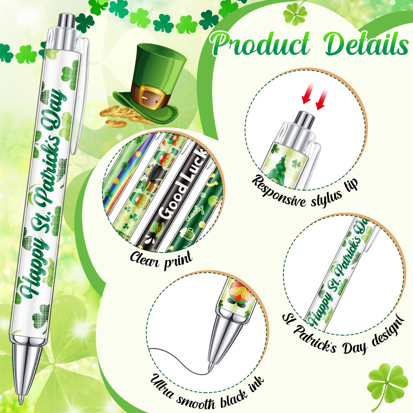 Cholemy 48 Pieces St. Patrick's Day Pens Bulk Lucky Shamrock Ballpoint Pen Retractable Irish Green