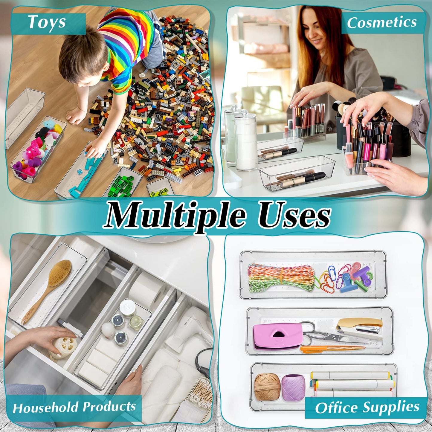 Maitys 12 Pcs Clear Drawer Organizer 9 x 3 x 2 Inches Plastic Rectangle Trays Makeup Vanity Storage
