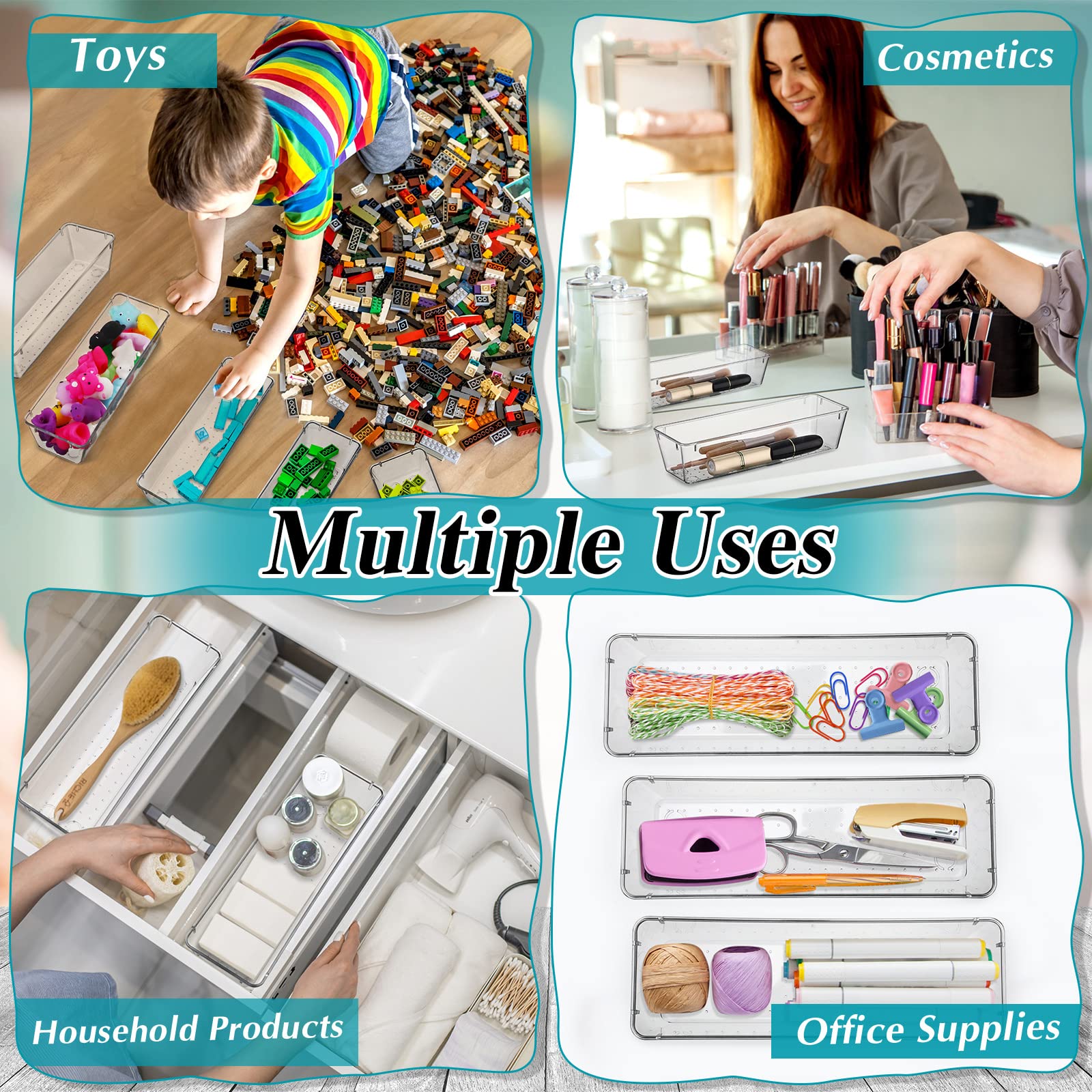 Maitys 12 Pcs Clear Drawer Organizer 9 x 3 x 2 Inches Plastic Rectangle Trays Makeup Vanity Storage
