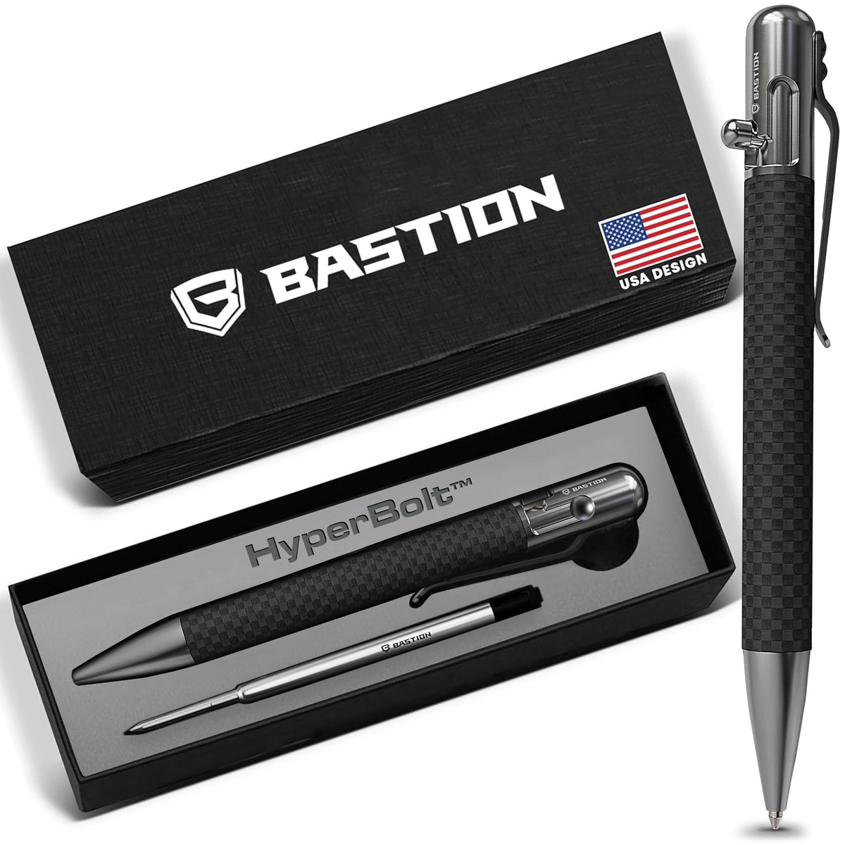 BASTION Bolt Action Pen, Carbon Fiber & Stainless Steel, HyperBolt EDC Pen, Refillable Lightweight