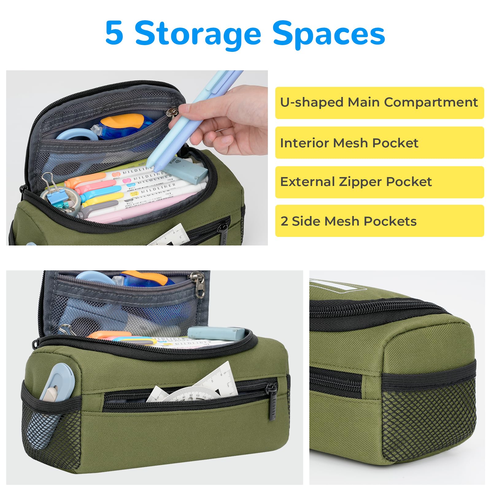 ECHSRT Large Pencil Case Organizer, Big Capacity U-Shaped Pen Pouch, Green