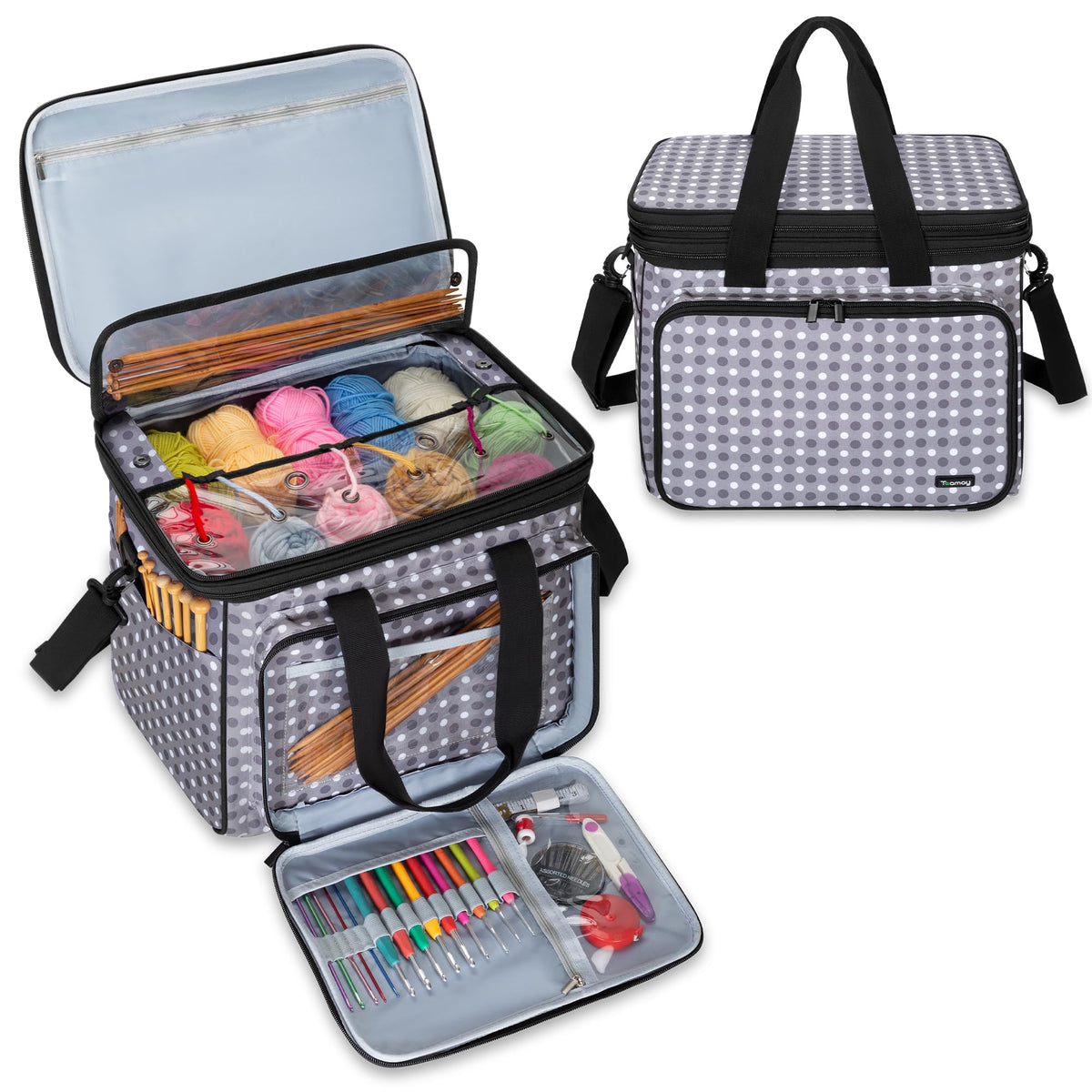 Teamoy Crochet Bag Knitting Bag Yarn Storage Tote, Yarn Organizer, Gray Dot