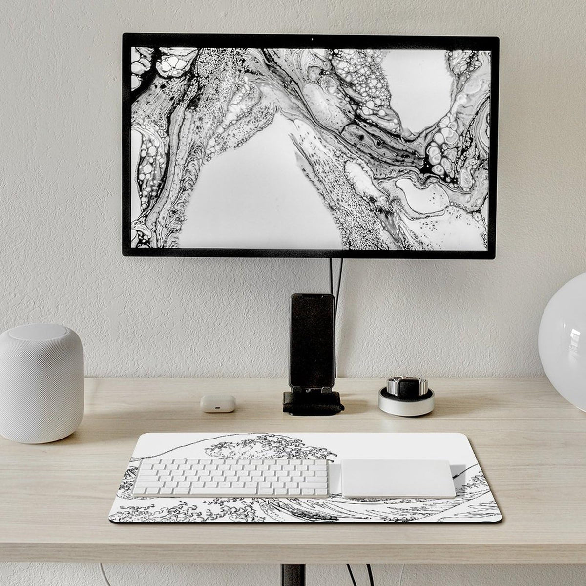 Keebik Gaming Mouse Pad, Great Wave Outline Black and White Mouse Pad 11.8x23.6 Inch Large Extended
