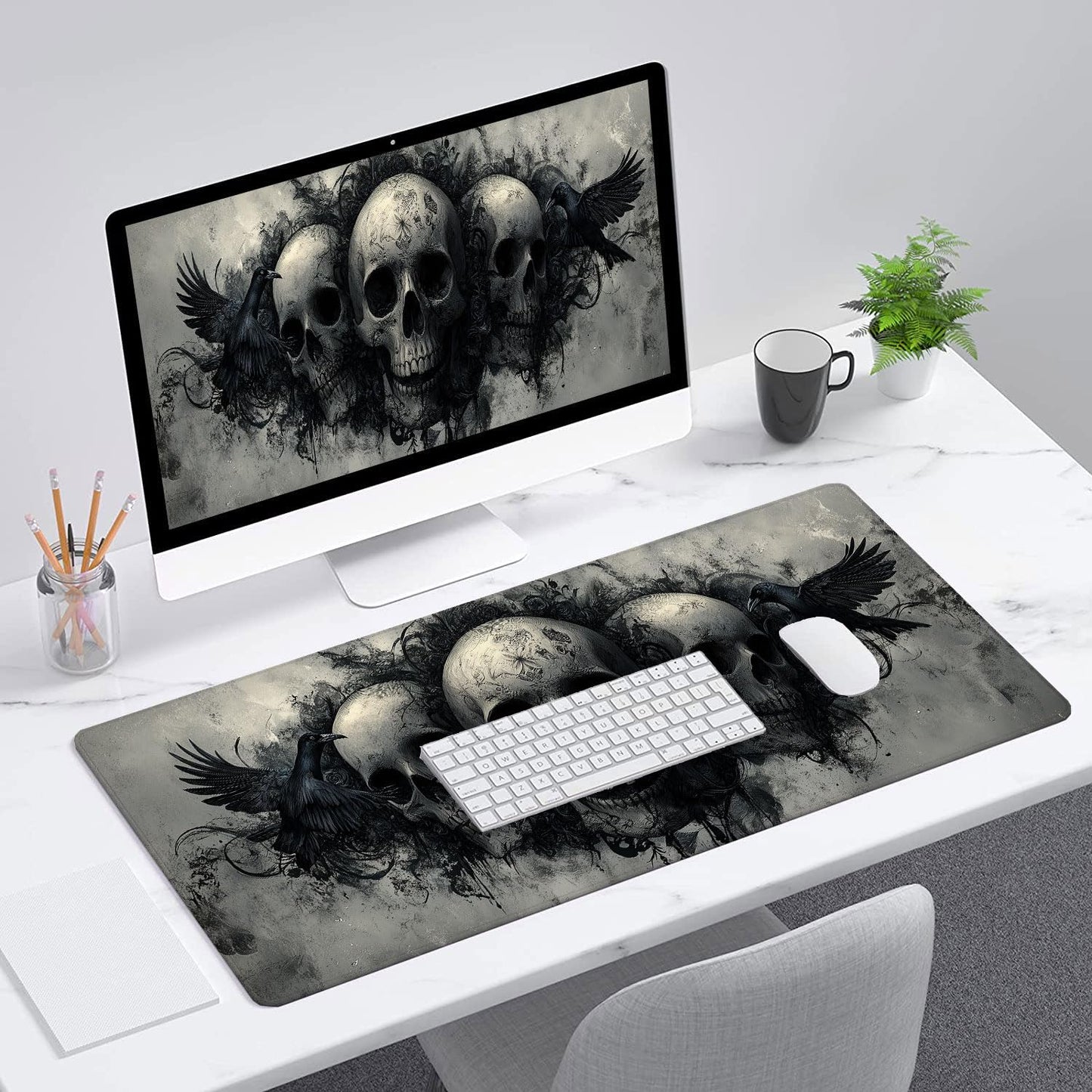 Ghost Skull Fog Desk Pad Mouse Pad Dark Skull Crow XL Mouse Pad Large Mousepad Extended Laptop