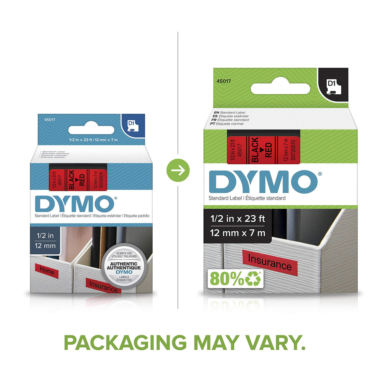DYMO Standard D1 43610 Labeling Tape (Black Print on Clear Tape, 1/4'' W x 23' L, 1 Cartridge)