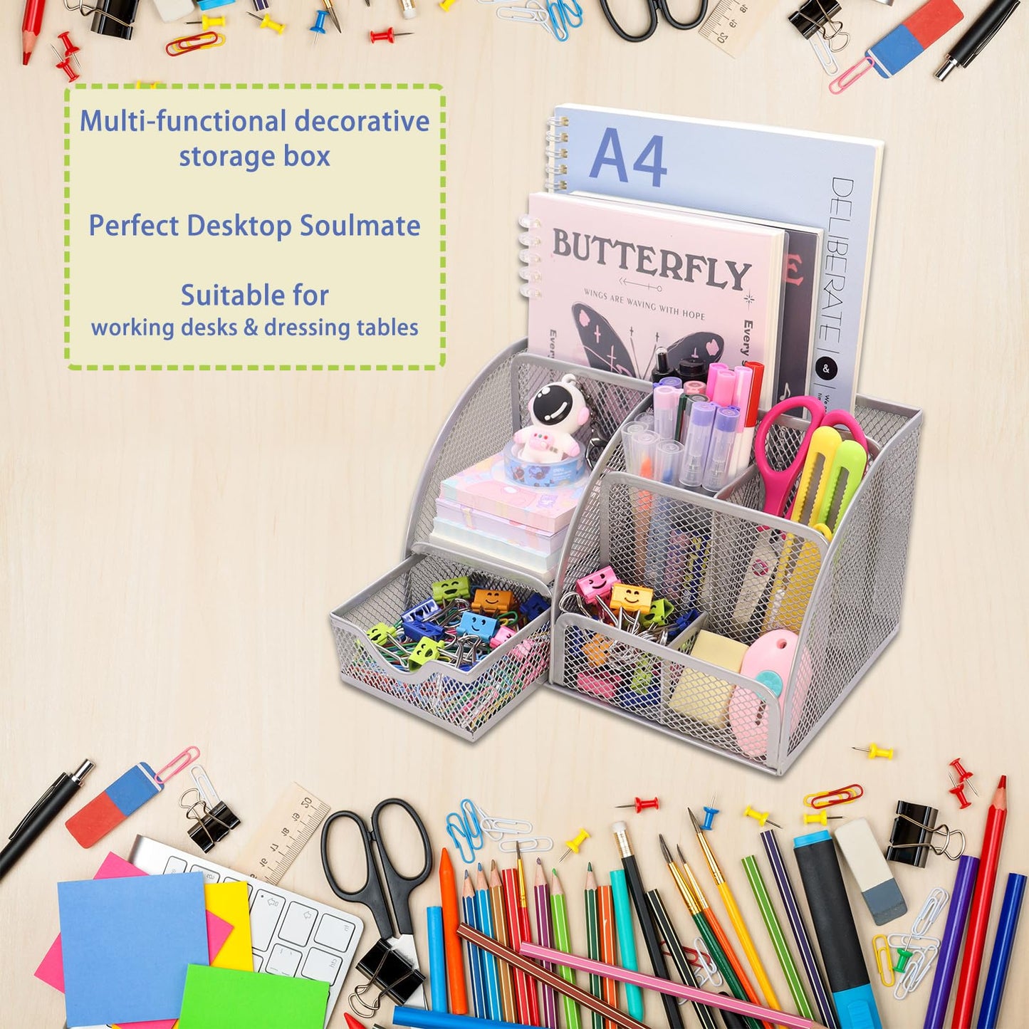Boutilon Mesh Desk Organizer Desktop Office Supplies Stationary Organizer with 6 Compartments and 1