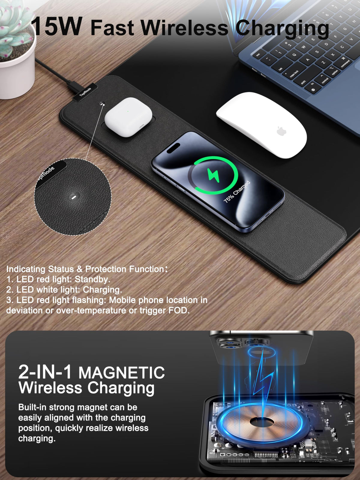 TopMade Wireless Charging Mouse Pad, 31.5"x15.75" XXL Large Desk Pad