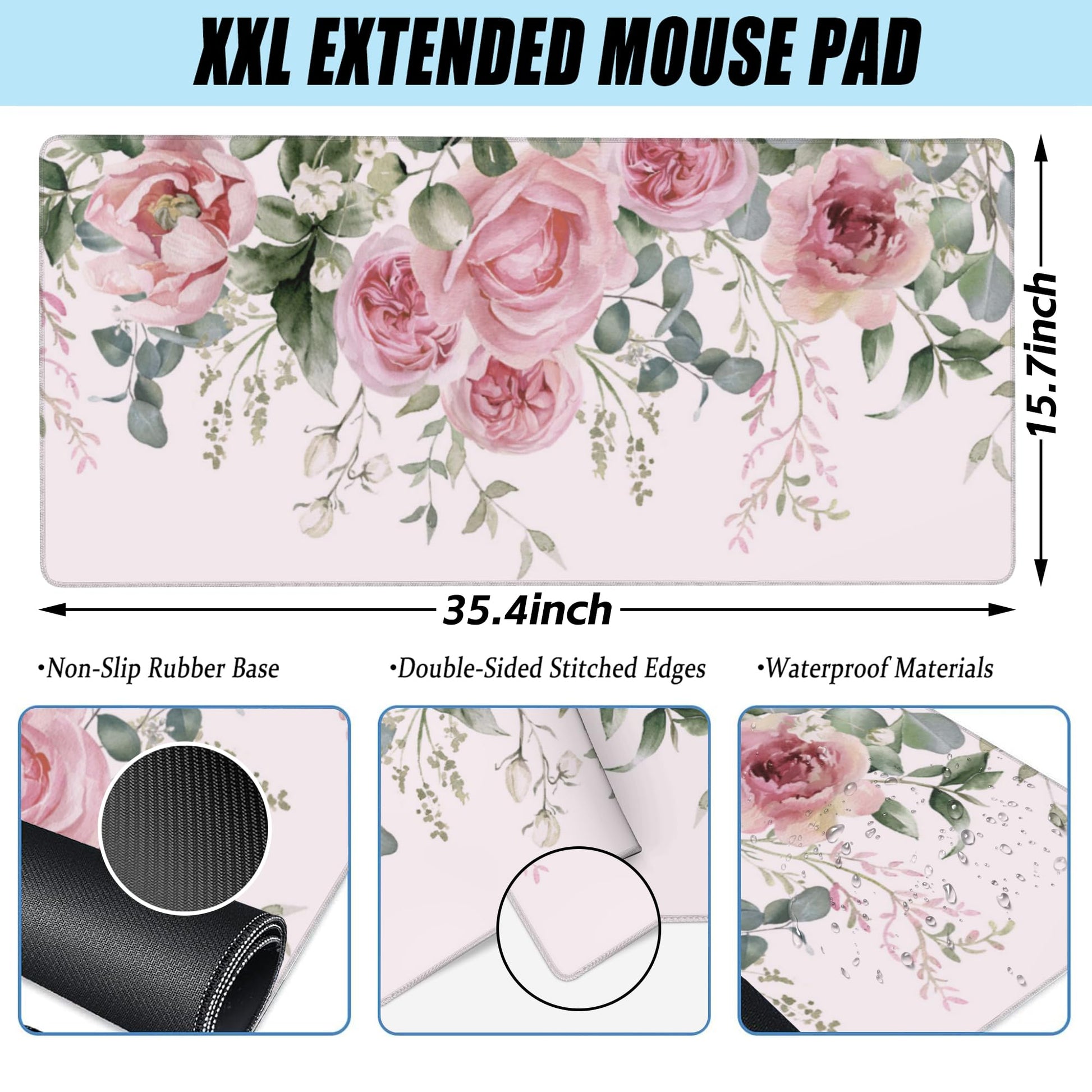 XXL Mouse Pad, Pink Peony Flowers Eucalyptus Green Leaves Large Desk Mat for Desktop, Extended