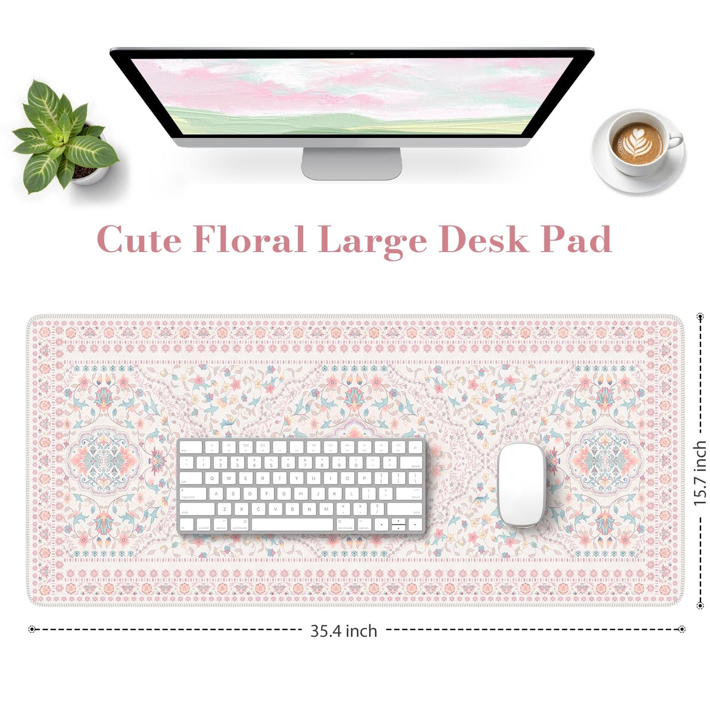 HAOCOO Pink Desk Matt, 35.4" x 15.7" Floral Mousepad for School Desk Use