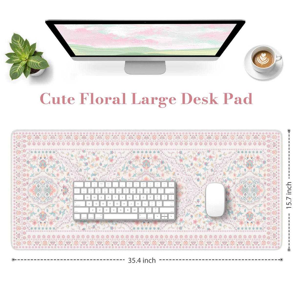 HAOCOO Pink Desk Matt, 35.4" x 15.7" Floral Mousepad for School Desk Use