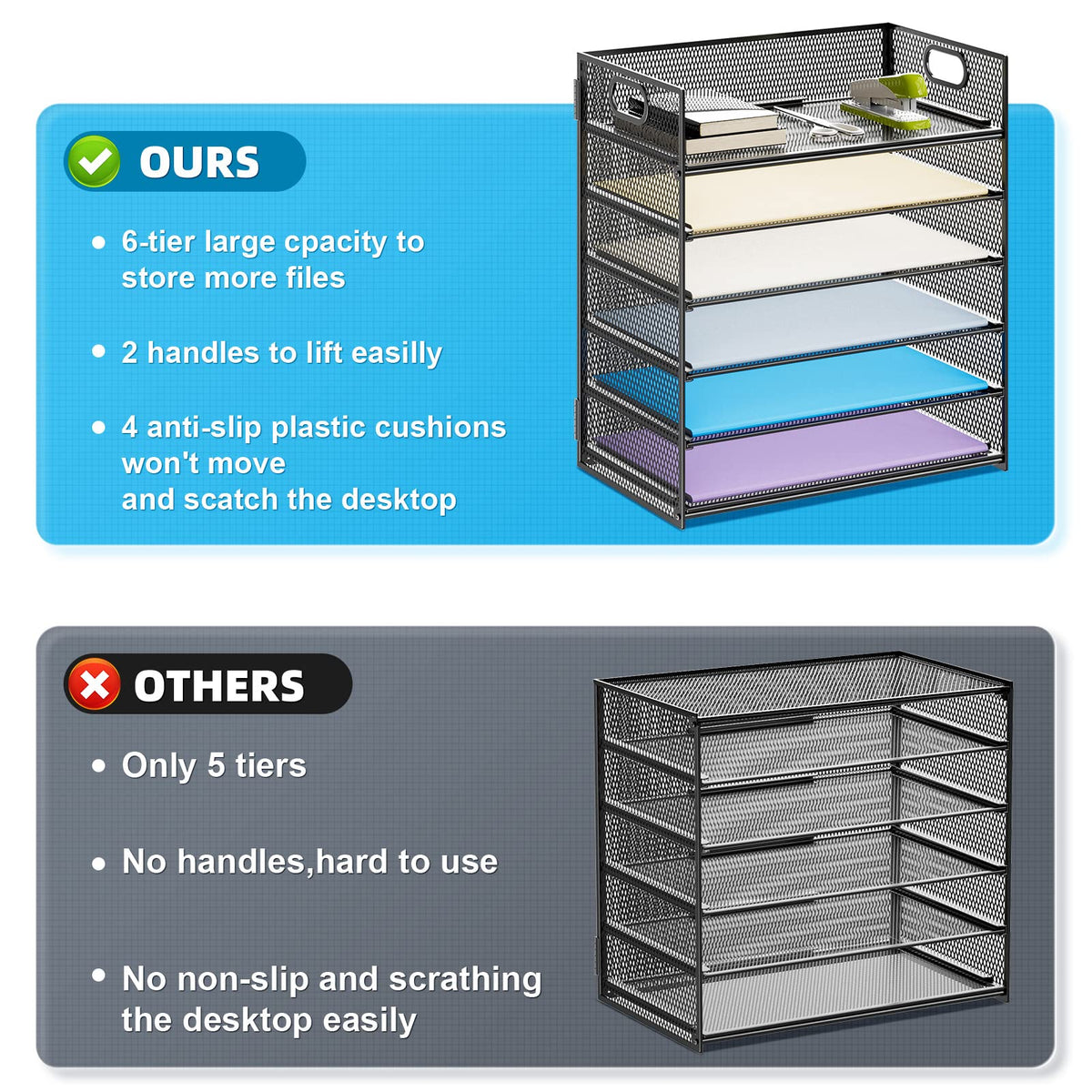 Marbrasse 2 Pack Desk Organizer with Handle, 6 Tier Paper Letter Tray, Mesh Desk File Organizer for