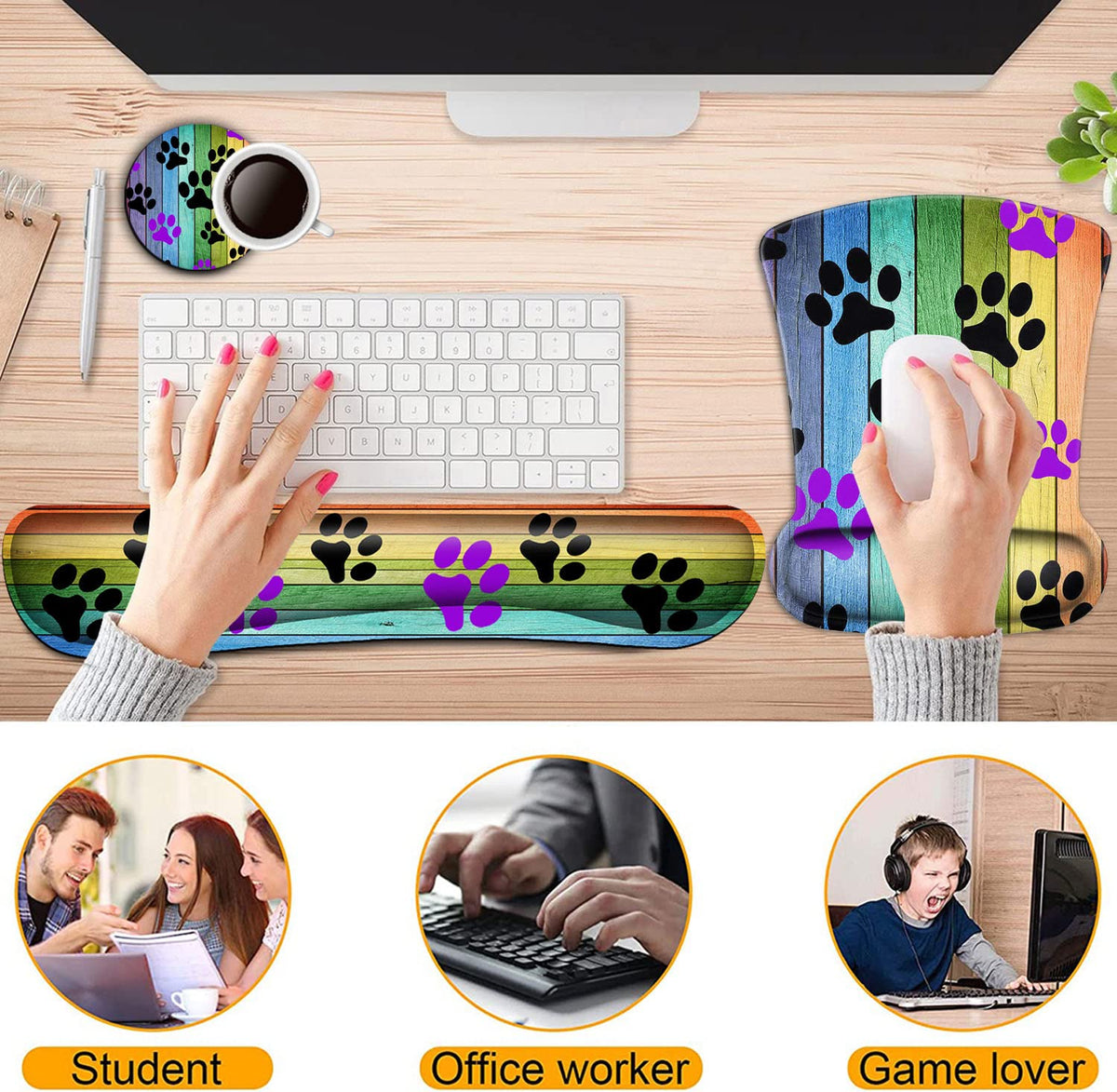 Keyboard Wrist Rest and Mouse Pad Wrist Support Set,Rustic Rainbow Woodgrain Black and Purple Dog