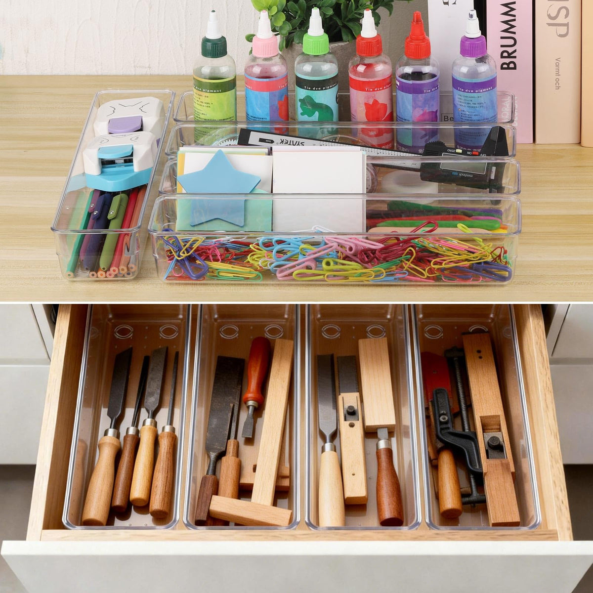 Ohlove 6 Pcs Large Clear Plastic Drawer Organizers Tray 12"x3" Storage Bins with 25 Pcs Non-Slip