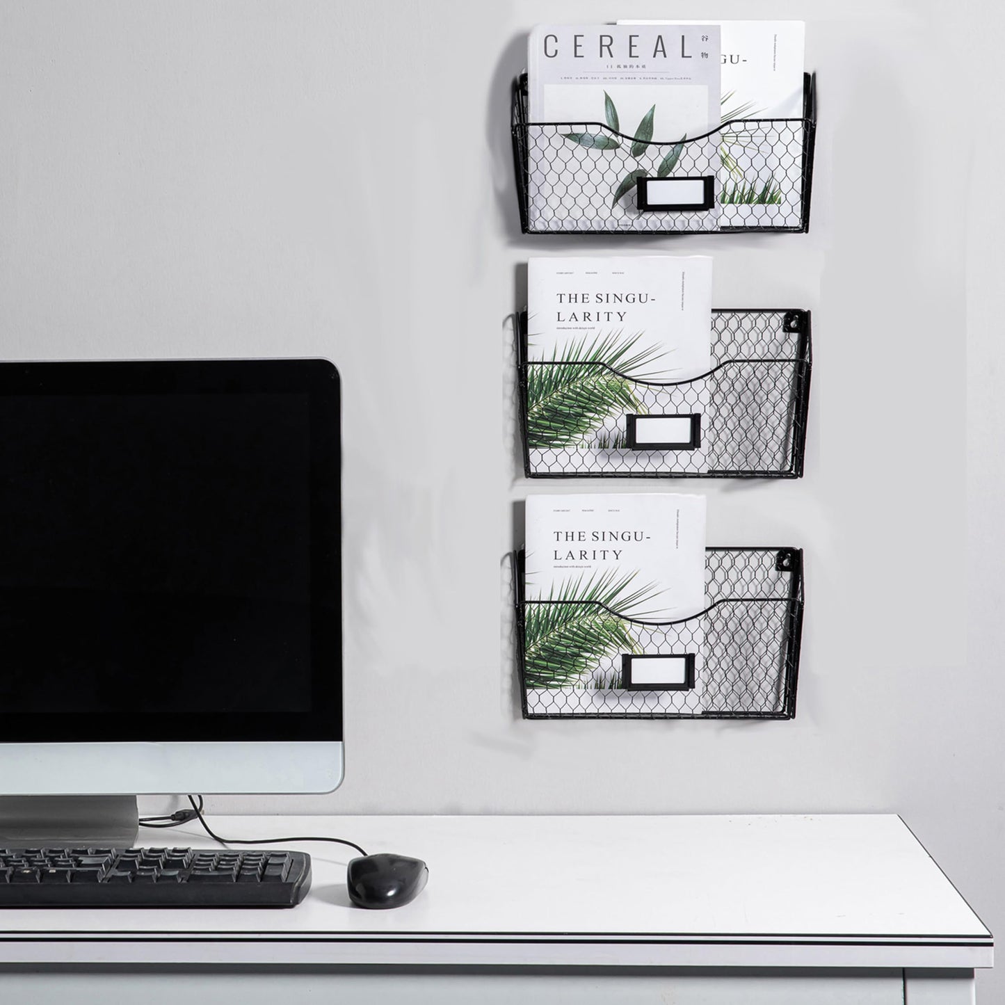 NA Mesh Magazine Rack 3 Pockets Wall Mount Hanging File Holder Organizer with Tag Slot, Metal