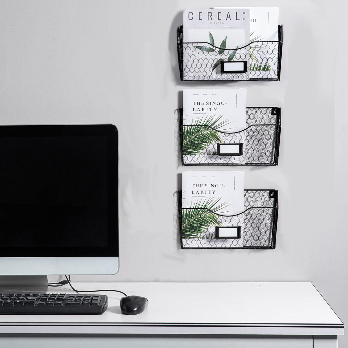 NA Mesh Magazine Rack 3 Pockets Wall Mount Hanging File Holder Organizer with Tag Slot, Metal