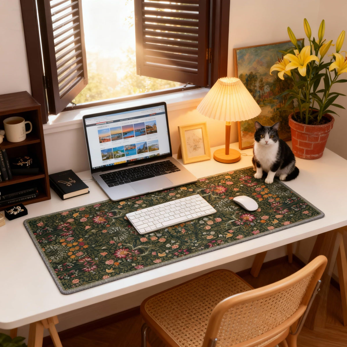 Dark Green Floral XXL Desk Mat, Extra Large Mouse Pad with Anti-Slip Base & Stitched Edges for