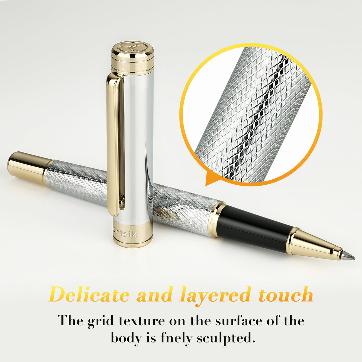 MCNTEIK Silver Chrome Rollerball Pen, Stunning Luxury Pen with Mesh Texture Design、Silver Chrome