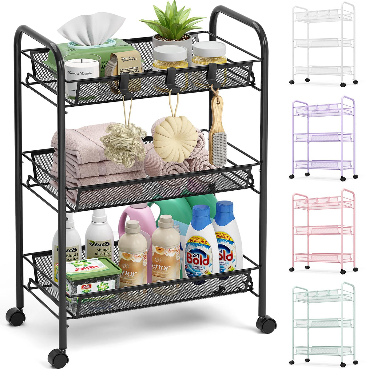 TOOLF 3 Tier Rolling Cart, Metal Utility Storage Cart with Wheels, Black