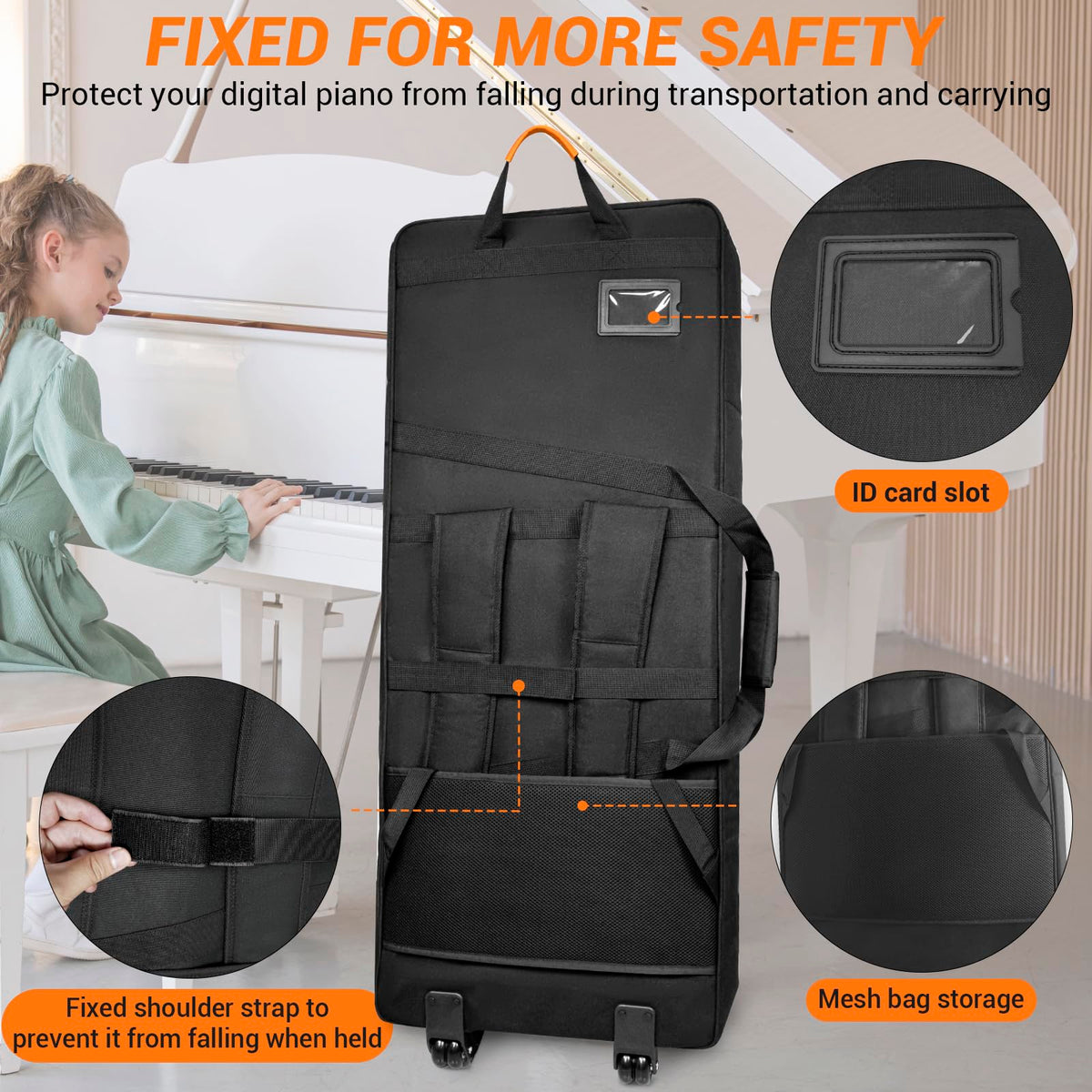 ORKELS 61-Key Keyboard Case with Wheels & Adjustable Shoulder Straps– Padded Rolling Gig Bag with 4