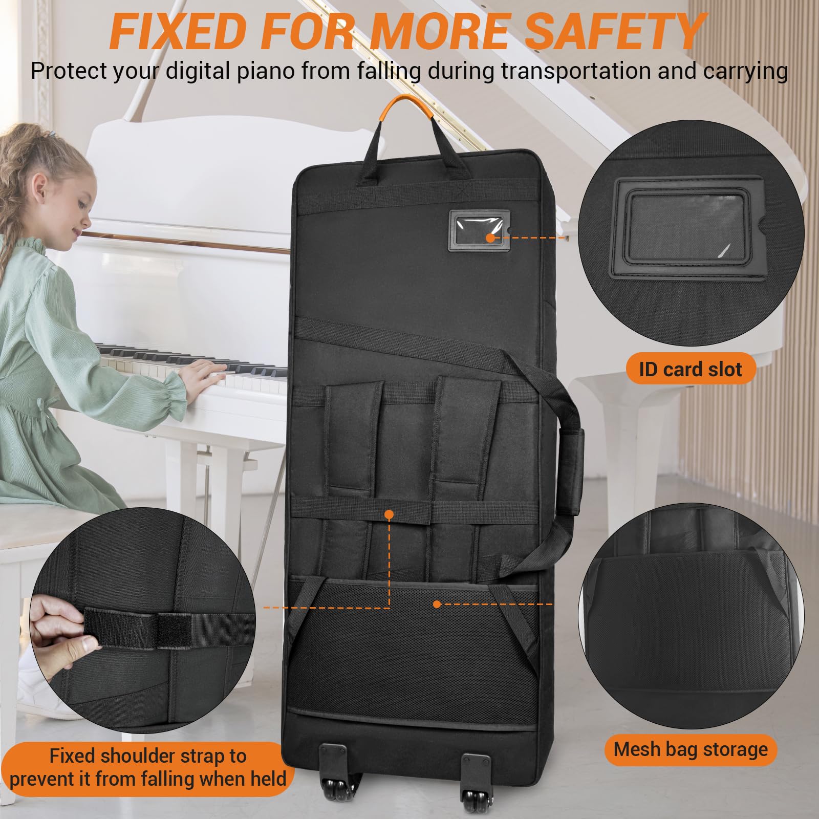 ORKELS 61-Key Keyboard Case with Wheels & Adjustable Shoulder Straps– Padded Rolling Gig Bag with 4