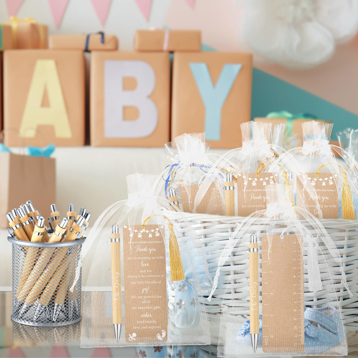 Gilprop 50 Sets Kraft Brown Baby Shower Favors for Guests Includes 50 Baby Shower Ballpoint Pens 50