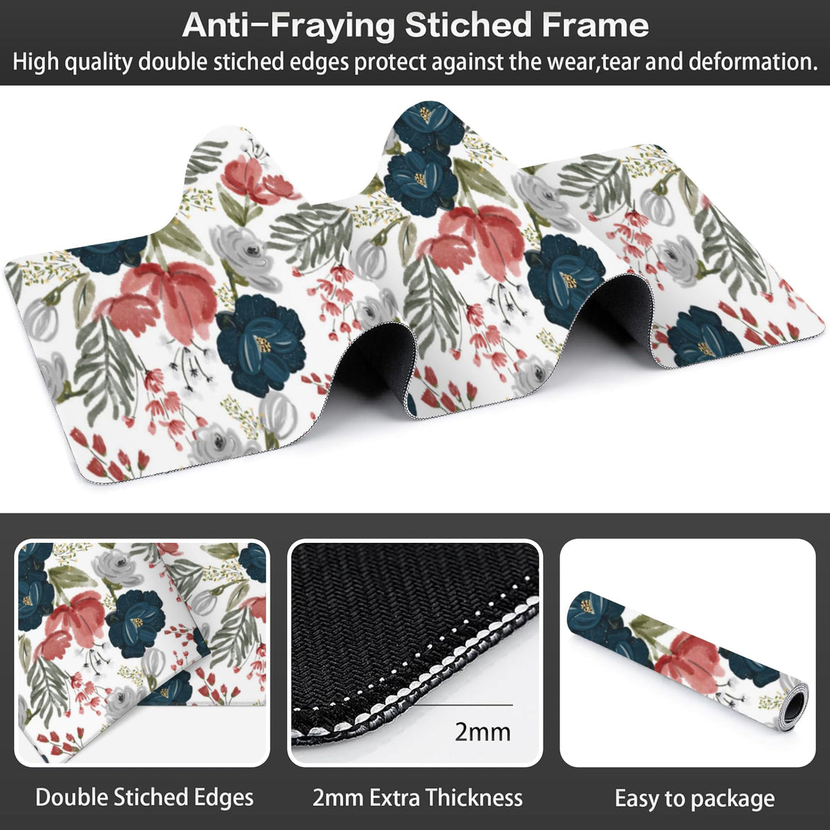 Watercolor Flowers Desk Mat,Large Colorful Floral Gaming Keyboard Mouse Pad,Non-Slip Rubber Base