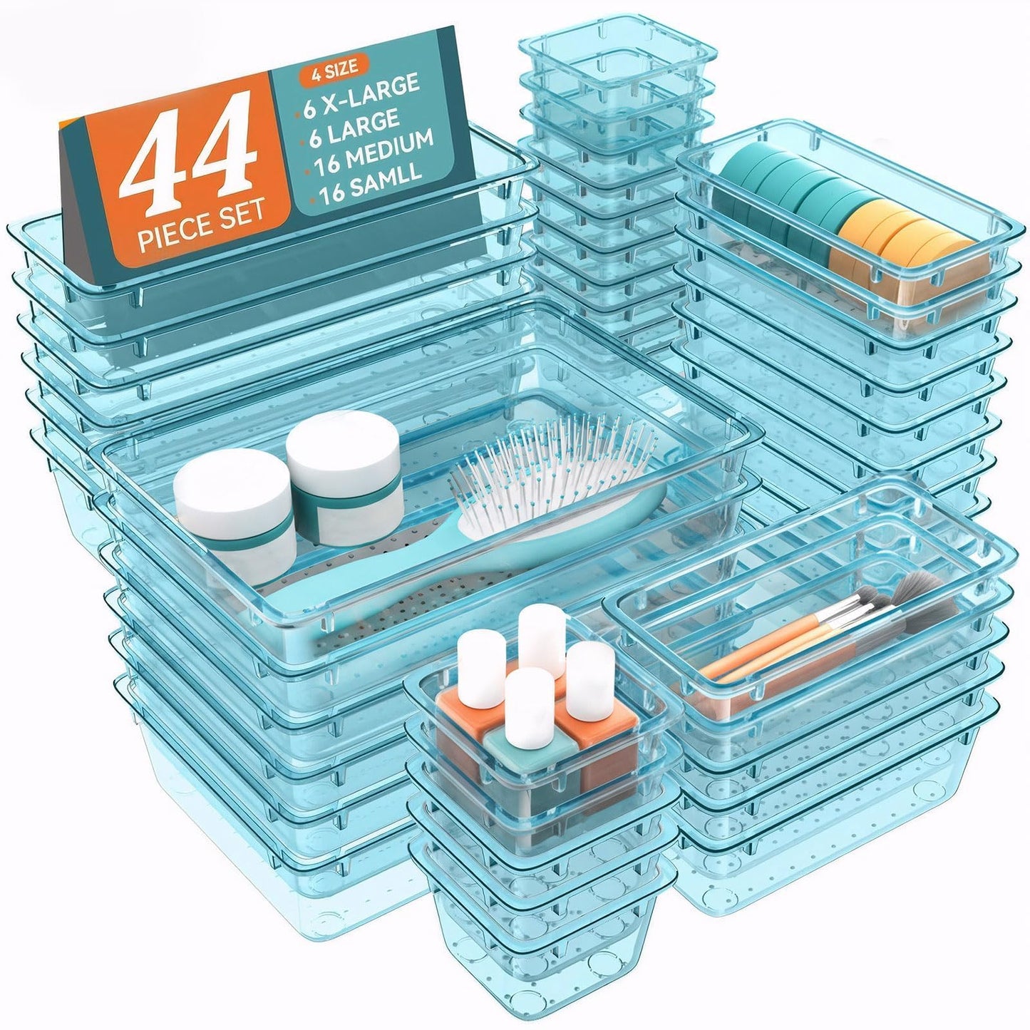 44 PCS Clear Plastic Drawer Organizer Set, 4 Sizes Storage Bins, Sea Blue