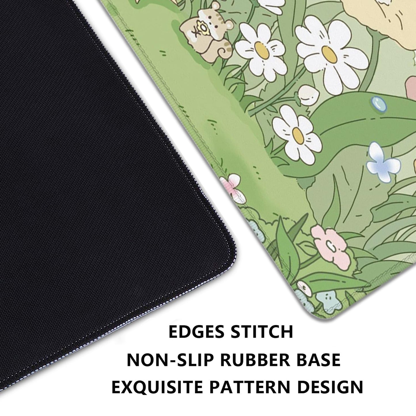 Cute Cartoon Bear Rabbit Cat and Flowers Extended Desk Pad Mouse Pad,Stitched Edges Non-Slip Rubber