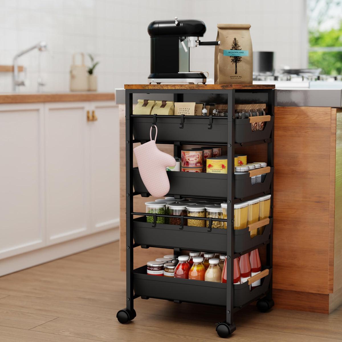 Landmok 5-Tier Kitchen Storage Cart, Wood Top Rolling Cart Organizer with Pull-Out Baskets &