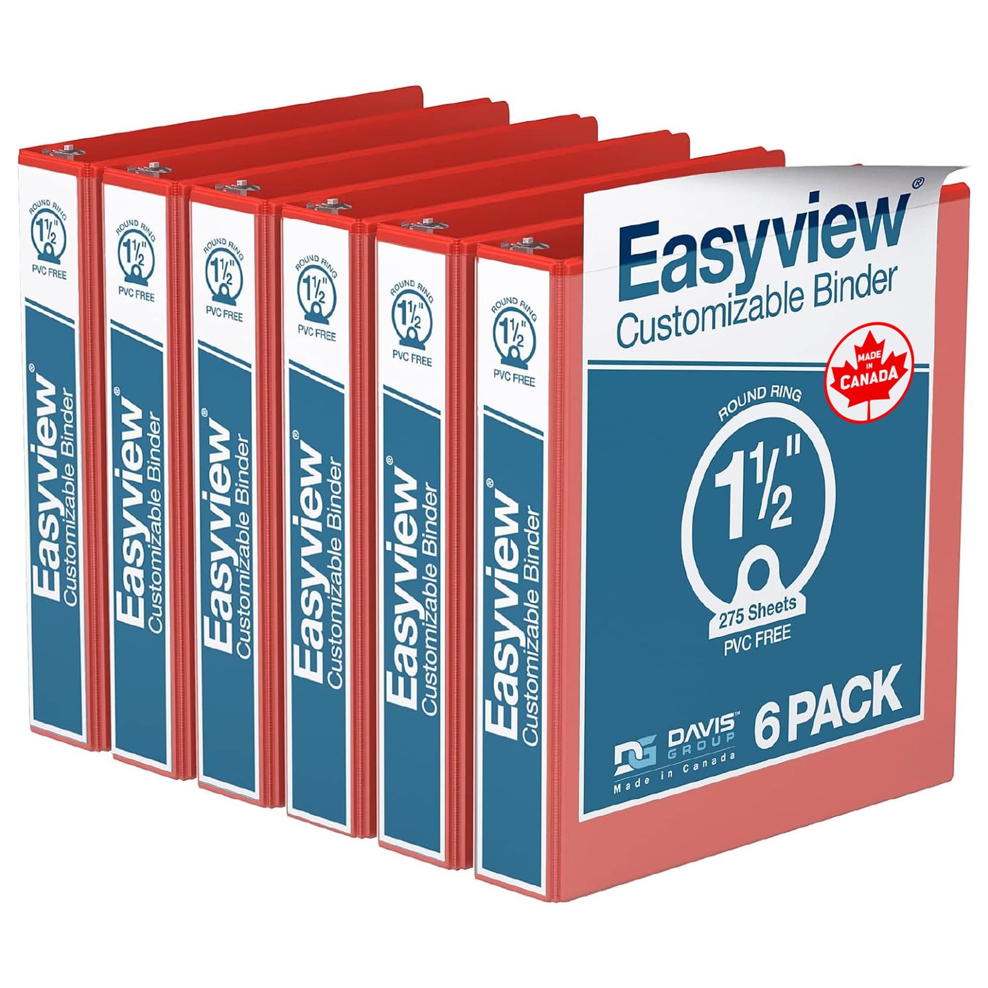 Easyview 3-Ring Binder, Clear-View Cover, 1.5" Round Rings, Red, 6 Pack
