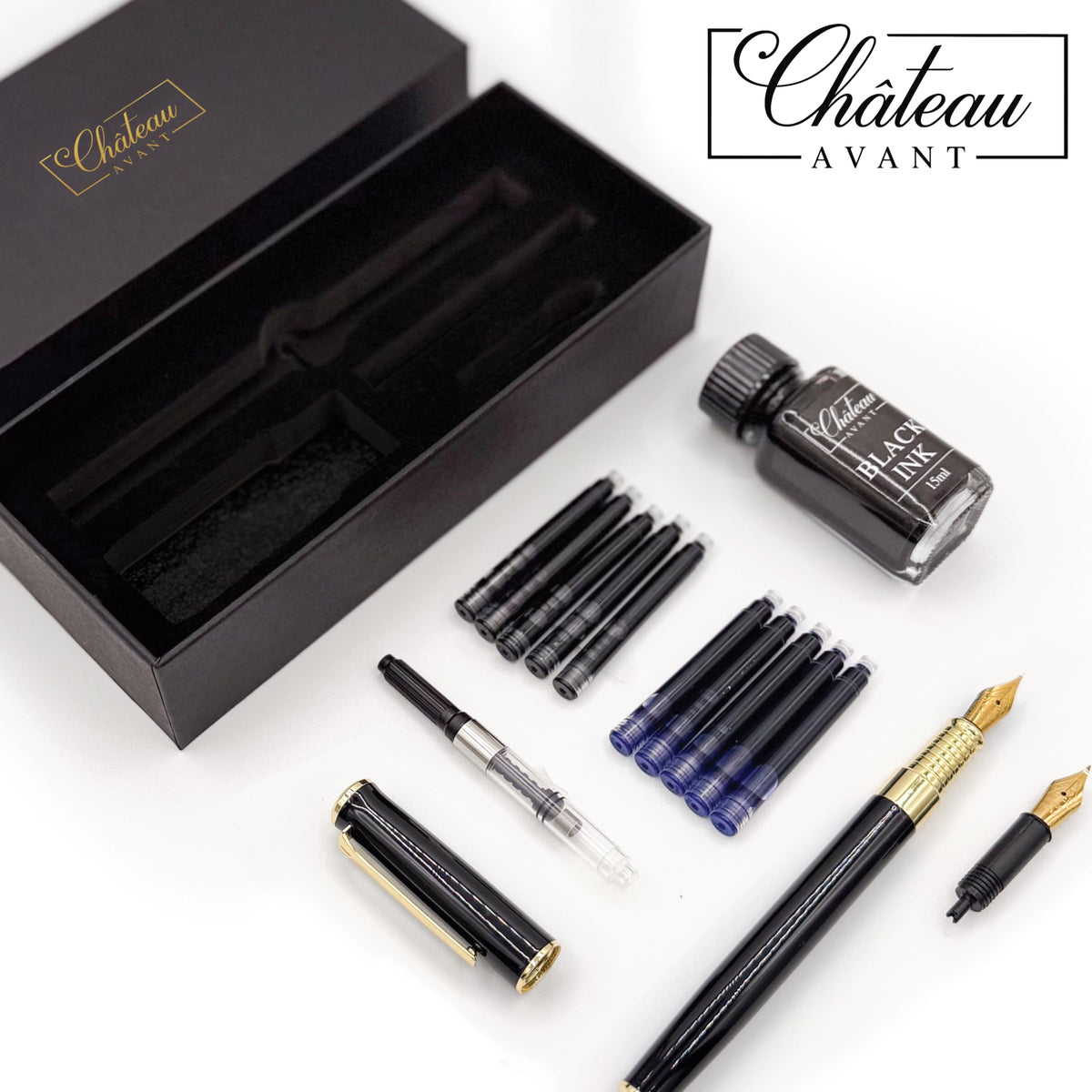 Chateau Avant Signature Calligraphy Fountain Pen Gift Set | Black | Fine and Calligraphy Nibs, 10