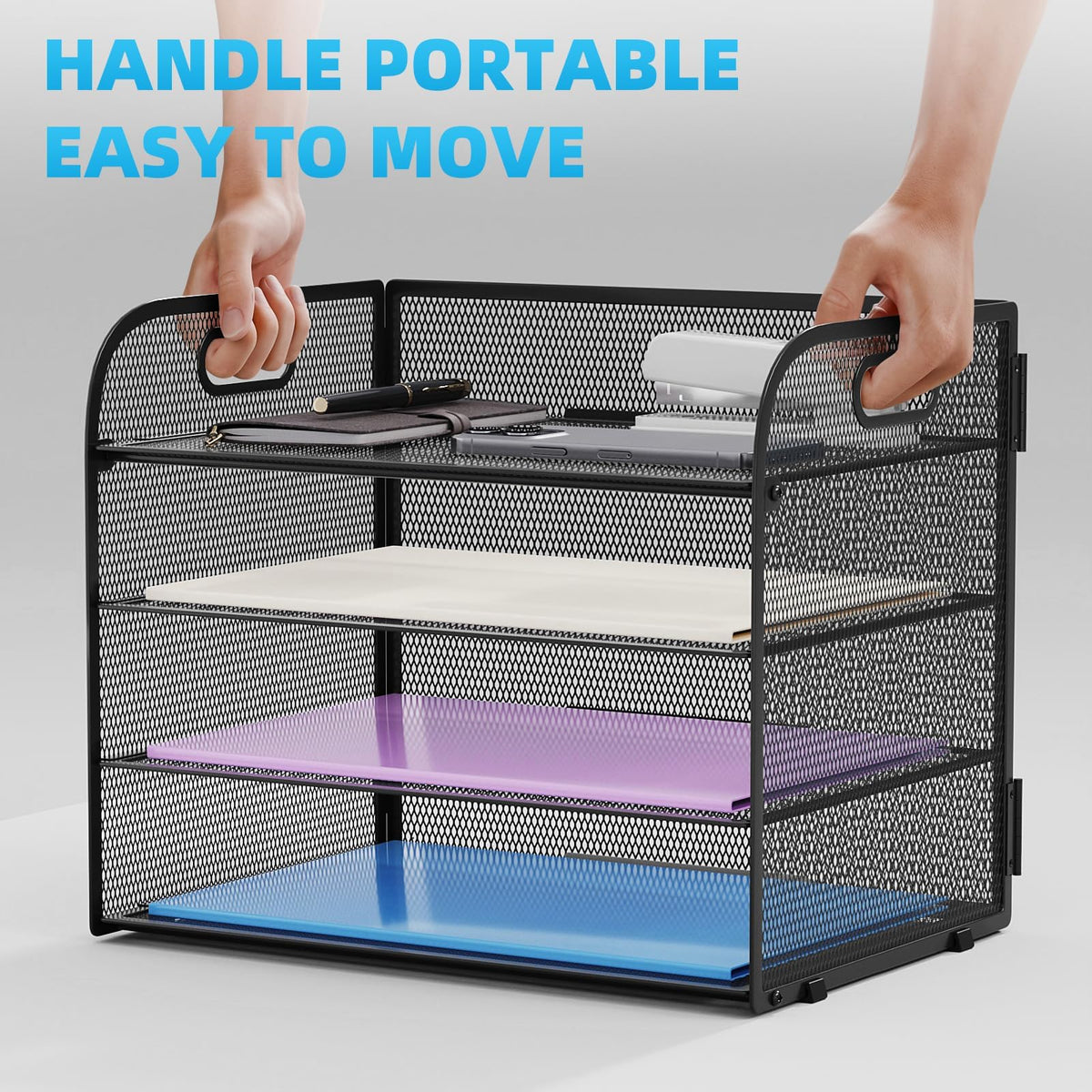 Marbrasse 2 Pack 4 Tier Paper Organizer Letter Tray - Mesh Desk File Organizer with Handle, Paper